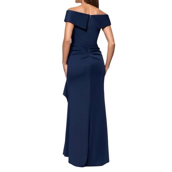 NWT XSCAPE Navy Patti Long Off the Shoulder Scuba Crepe Dress - Picture 5 of 10